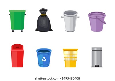 Set of street and in-house trash bins or plastic garbage containers flat vector illustration isolated on white background. Recycle trash buckets and bags collection.