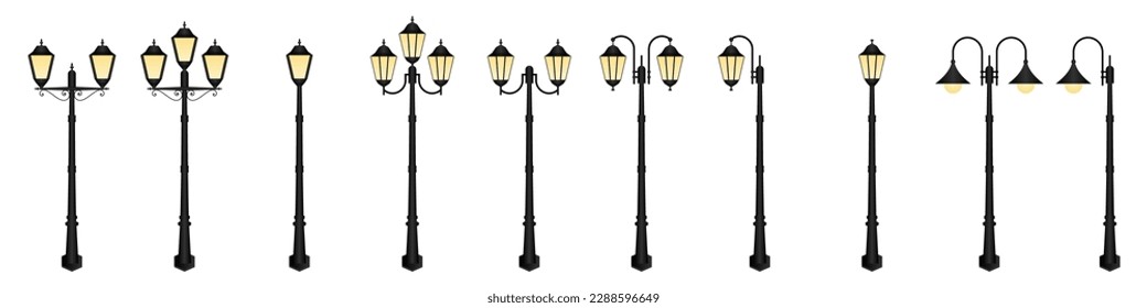 Set of Street Lamp. Vintage Street Light Post. Vector Illustration Isolated on White Background. 