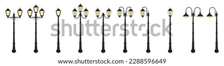 Set of Street Lamp. Vintage Street Light Post. Vector Illustration Isolated on White Background. 