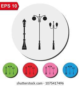 Set of street lamppost flat round colorful vector icon.