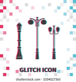 Set of street lamppost  glitch effect vector icon.