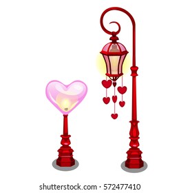 Set of street lamps decorated with festive pendants in the shape of a heart isolated on white background. Street decorations for celebration of Valentine's day. Cartoon vector illustration close-up.