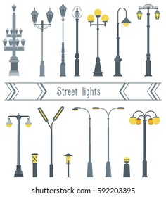 Set of street lanterns in different shapes. Style flat. Vector.