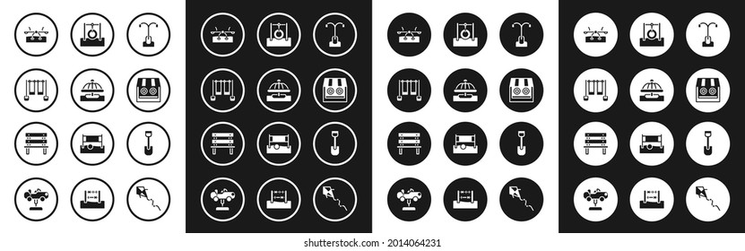 Set Street Light, Attraction Carousel, Double Swing, Seesaw, Shooting Gallery, Car Tire Hanging Rope, Shovel Toy And Bench Icon. Vector