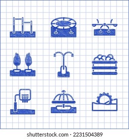 Encender la luz de la calle, carrusel de la atracción, rueda de la fortuna, Piscina con bolas, tablero trasero de baloncesto, Bosque, Seesaw y icono de la barra horizontal. Vector