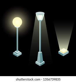 Set of street light isometric 3d vector in flat style isolated on black background.