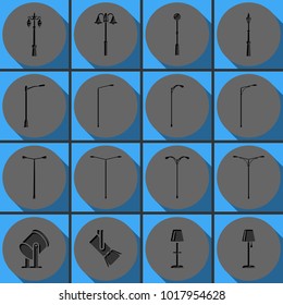 Set of street light lamps and spotlights silhouettes flat vector icon. Round papercut pictogram with 3d effect.