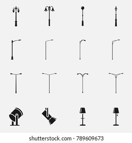 Set of street light lamps and spotlights silhouettes flat vector icon.