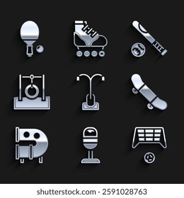 Set Street light, Trash can, Soccer goal with ball, Skateboard trick, Kid playground slide pipe, Car tire hanging on rope, Baseball bat and Racket and icon. Vector