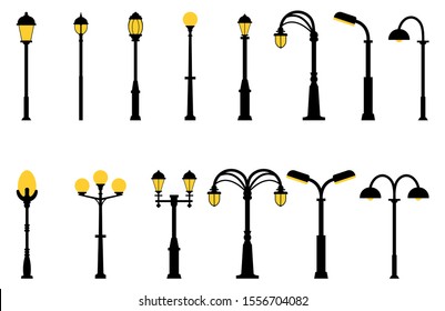 Set of street lights black silhouette isolated on white background. Collection of modern and vintage street lights. Elements for landscape construction. Vector illustration for any design.