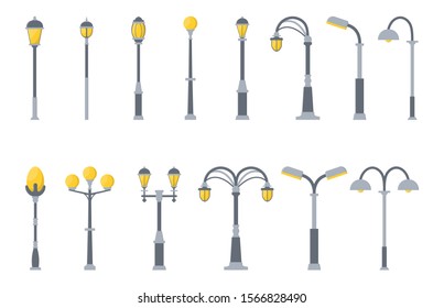 Set of street lights cartoon isolated on white background. Modern and vintage street light. Elements for landscape construction. Vector illustration for any design.