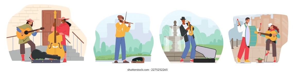 Set Street Musicians Perform Outdoor Show. People Playing Guitar and Saxophone, Double Bass, Drum and Violin. Band Play Music Concert, Live Musical Performance in Park. Cartoon Vector Illustration