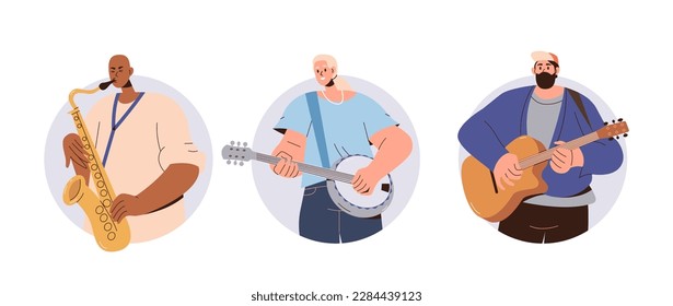 Set of street musicians playing creative music using guitar, banjo and saxophone giving outdoor performance vector illustration. Young saxophonist, banjoist and guitarist performer at open air concert