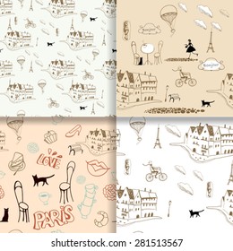 set of  street of Paris backgrounds. Hand drawn seamless pattern.