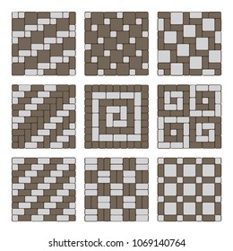 Set of street pavement blocks. Paving ideas and designs, sidewalk or driveway decoration, top view
