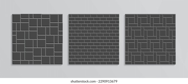 Set of street paver seamless pattern. Slab pavement texture. Paved floor tiles collection. Decorative sidewalk. Stone surface. Cobblestone print. Mosaic outdoor background. Vector illustration