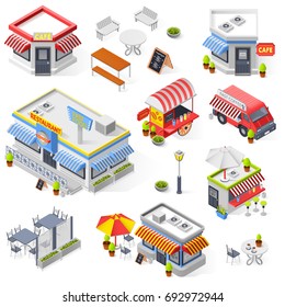 Set of street restaurant and cafe isometric icons with hot dog carts fast food truck and mini market isolated vector illustration