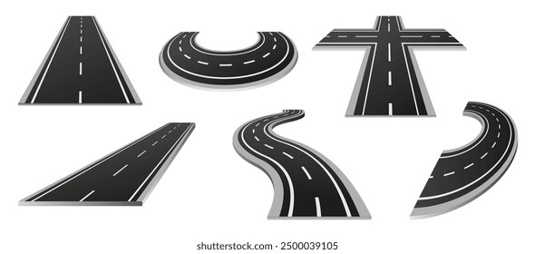 Conjunto de segmentos de calle. Encrucijada de asfalto de Vector. Elementos para el diseño de mapas de transporte. Forma de giro aislada de autopista o autopista. Cruce y curva, perspectiva de unión. Rincón de pista de carreras