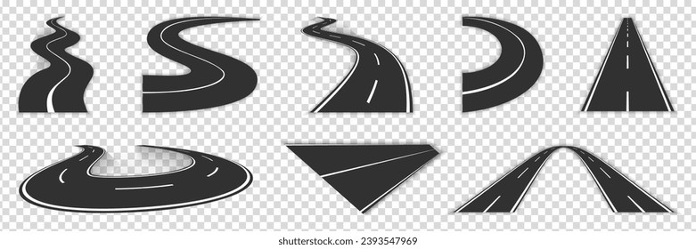 Set of street and road template isolated. Bending roads collection. Asphalt road curves, turns 