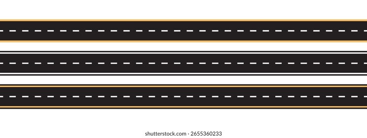  Set of street road vector line. highway road silhouette vector, road icon. Top view of race track and highway. Flat vector illustration isolated on white background.