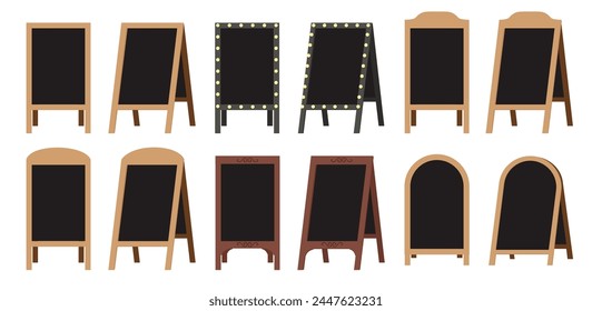 Set of street sandwich empty stands black menu boards. Welcome wooden stands signs with black side. Vector collection.