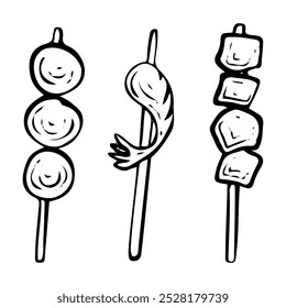 Conjunto de rua shashlik mão desenhado rabiscar. Almôndegas fritas ou grelhadas, frutos do mar, queijo de tofu em uma vara. Snack fast food para ir. Ordem no café. Hora de comer. Ilustração da arte da linha de esboço do vetor.