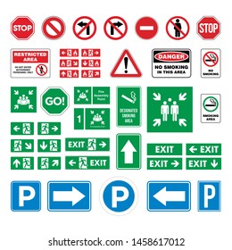 Set Street Sign, Evacuate Sign, Smoking Area / No Smoking Sign, Parking Sign, Stop, Fire Assembly Point Vector Template