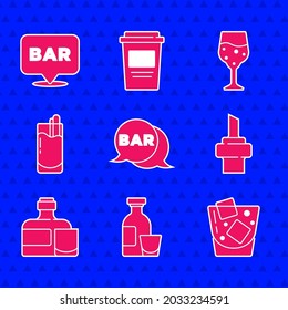 Set Street signboard with Bar, Alcohol drink Rum, Glass of whiskey, Wooden cork for wine, Whiskey bottle and glass, Cocktail Bloody Mary, champagne and bar location icon. Vector