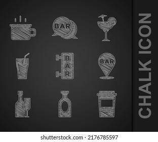 Set Street signboard with Bar, Alcohol drink Rum, Coffee cup to go, bar location, Wine bottle glass, Glass juice, Cocktail and  icon. Vector