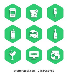 Set Street signboard with Bar, Alcohol bar location, Glass of whiskey, Champagne bottle, Cocktail, Bloody Mary, champagne and Coffee cup to go icon. Vector