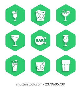 Set Street signboard with Bar, Cocktail Bloody Mary, Glass water, of beer, Wine glass,  and  icon. Vector