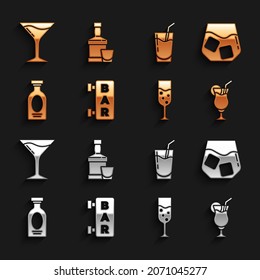 Set Street signboard with Bar, Glass of whiskey, Cocktail, champagne, Alcohol drink Rum, Martini glass and Whiskey bottle and icon. Vector