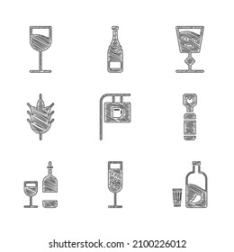Set Street signboard with Bar, Glass of champagne, Vodka pepper and glass, Bottle opener, Wine bottle, Hop,  and  icon. Vector