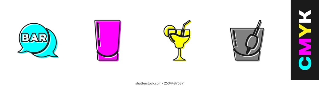 Set Street signboard with Bar, Glass water, Cocktail and Bloody Mary icon. Vector