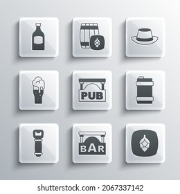 Set Street signboard with Bar, Hop, Metal beer keg, Pub, Bottle opener, Glass of, Beer bottle and Oktoberfest hat icon. Vector