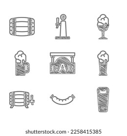 Set Street signboard with Bar, Sausage, Bottle opener, Glass of beer, Wooden barrel, mug,  and  icon. Vector