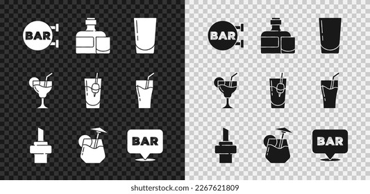 Set Street signboard with Bar, Whiskey bottle and glass, Glass water, Wooden cork for wine, Cocktail, Alcohol bar location,  and Bloody Mary icon. Vector