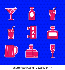 Set Street signboard with Bar, Whiskey bottle and glass, Glass of champagne, Wooden beer mug, Cocktail, juice and Martini icon. Vector