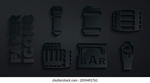 Set Street signboard with Bar, Wooden barrel, Glass of beer, Metal keg and Bottle opener icon. Vector