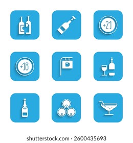 Set Street signboard with Bar, Wooden barrels, Cocktail, Wine bottle glass, Champagne, Alcohol 18 plus, 21 and Bottles of wine icon. Vector