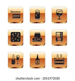 Set Street signboard with Beer, bottle and glass, Cold beer can, bubbles, Glass of, Pack bottles and foam icon. Vector
