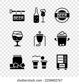 Set Street signboard with Beer, bottle and glass, Bottle cap beer, Cold can, pong game, Vending machine, Glass of and brewing process icon. Vector