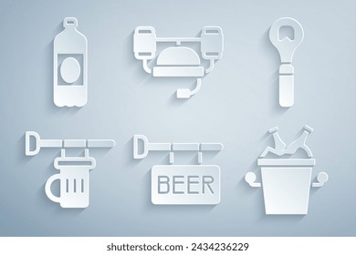 Set Street signboard with Beer, Bottle opener, Signboard glass of beer, bottles in ice bucket, helmet and Plastic icon. Vector
