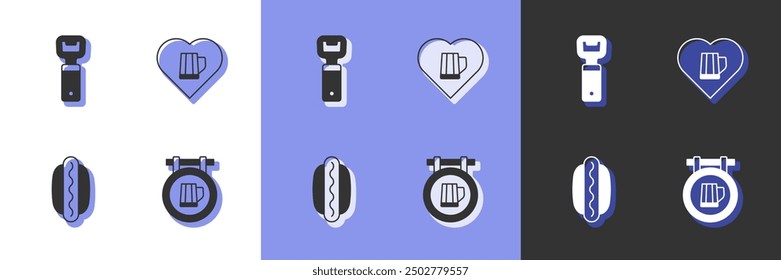 Set Street signboard with beer, Bottle opener, Hotdog sandwich and Heart glass of icon. Vector