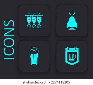 Set Street signboard and beer  Dried fish  Chicken leg   Glass icon  Black square button  Vector