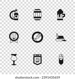 Set Street signboard with beer, Oktoberfest hat, Salami sausage, Dried fish, Wooden mug, Beer bottle and wooden barrel,  and on rack icon. Vector