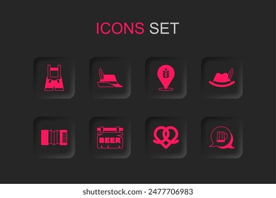 Set Street signboard with Beer, Oktoberfest hat, Lederhosen, Pretzel, Wooden beer mug, Wheat and Accordion icon. Vector