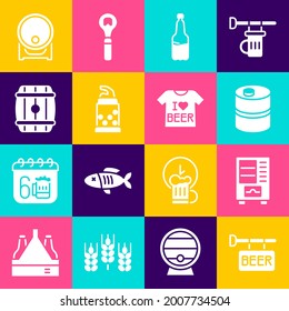 Set Street signboard with Beer, Vending machine, Metal beer keg, Plastic bottle, Bottle opener, Wooden barrel, on rack and T-shirt icon. Vector
