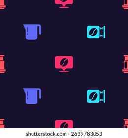 Set Street signboard coffee, Coffee pot, Location with bean and Aeropress on seamless pattern. Vector