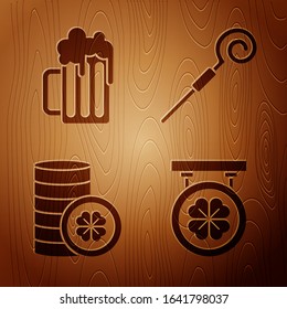 Set Street signboard with four leaf clover, Wooden beer mug, Gold coin with four leaf clover and Walking stick on wooden background. Vector
